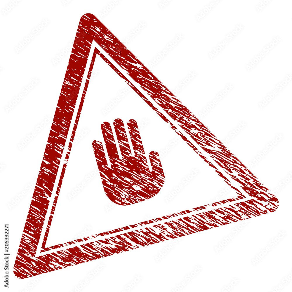 Poster Stop hand triangle rubber stamp seal. Vector element with distress design and dust texture in red color. Designed for overlay watermarks and distressed seal imprints.