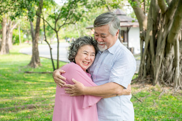 Senior couple in park. Dancing together, relaxing and loving each other with a smile