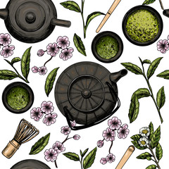 Cérémonie du thé japonaise. Thé matcha. Modèle sans couture de vecteur