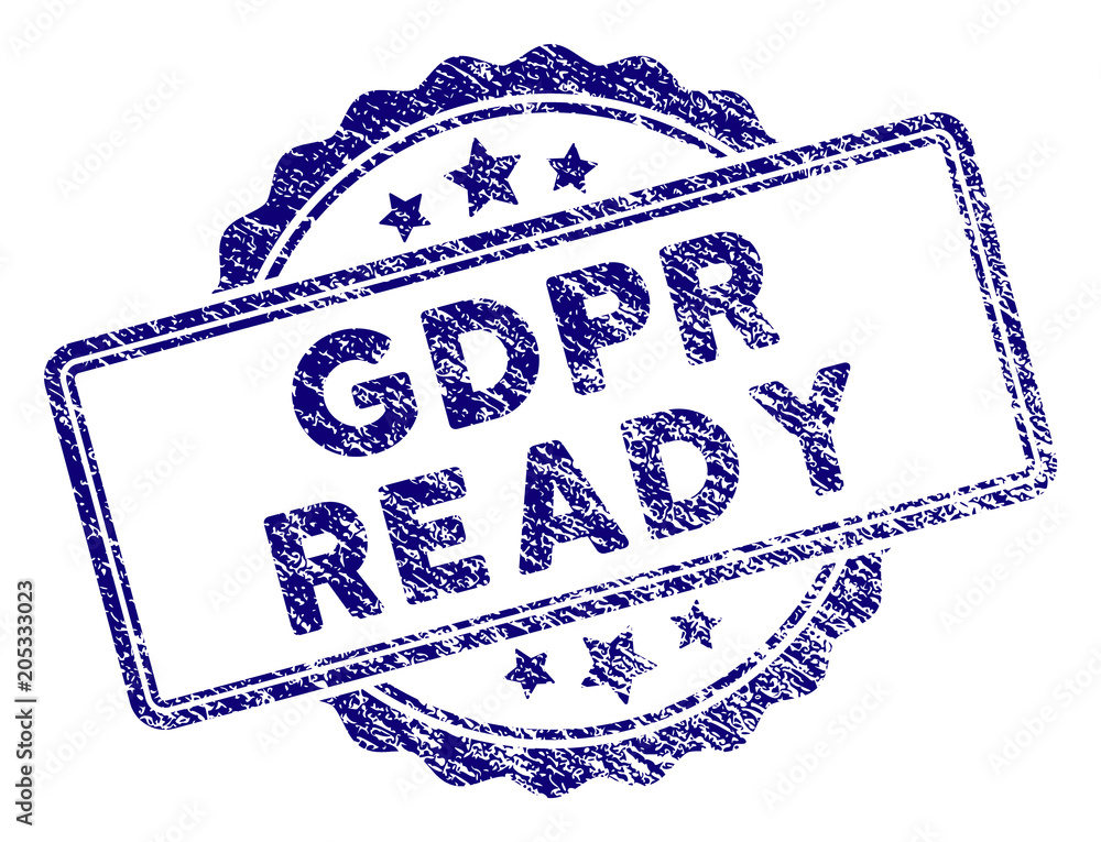 Poster gdpr ready stamp seal. vector element with grainy design and retro texture in blue color. designed f