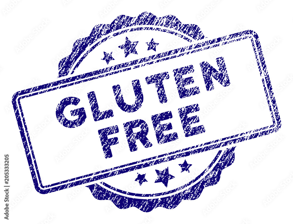 Aufkleber gluten free text stamp seal. vector element with grainy design and scratched texture in blue color. 