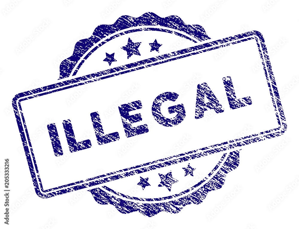 Poster illegal text stamp seal. vector element with grainy design and corroded texture in blue color. desig