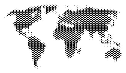 Abstract world map. Vector halftone territory scheme. Cartographic pixel abstraction. Schematic world map is designed of regular spheric spot matrix. © Aha-Soft
