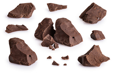 Pieces of dark chocolate isolated on white background.