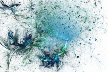 Abstract green and blue sparkles on white background. Fantasy fractal texture. Digital art. 3D rendering.