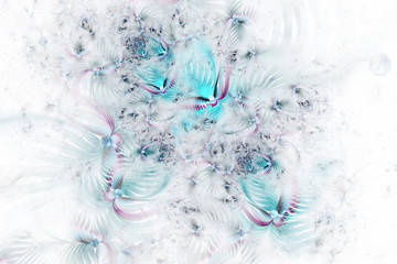 Abstract exotic turquoise flowers with textured petals on white background. Fantasy fractal design. Psychedelic digital art. 3D rendering.