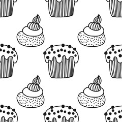 Cakes, sweet dessert. Black and white seamless pattern for coloring book or page.