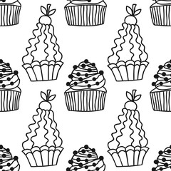 Cakes, sweet dessert. Black and white seamless pattern for coloring book or page.