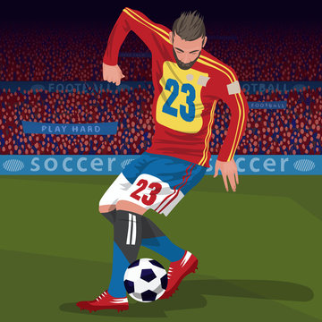 Soccer gameplay. Close up of football player kicking ball on football field, front side view, spectator area on background. Realistic style