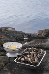 Grilled mussels with lemons and white wine.