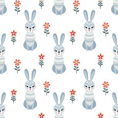 Decorative seamless pattern in folk style with rabbit. Colorful vector background.