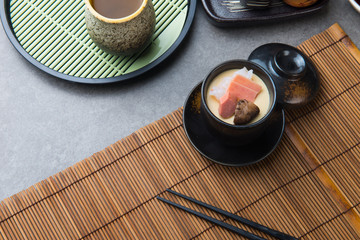 chawanmushi, steamed egg custard, flat lay