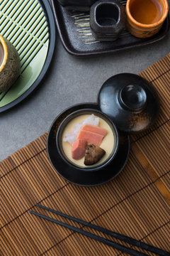 chawanmushi, steamed egg custard, flat lay