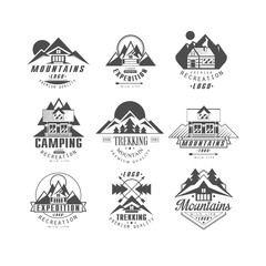 Mountain, expedition logo set, camping, trekking retro badges in monochrome style vector Illustrations on a white background