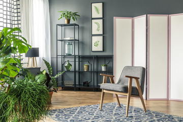 A decorative screen next to the black shelves and behind a grey chair standing on patterned rug...