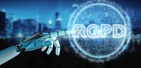 White cyborg hand using digital GDPR interface 3D rendering