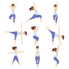 Young woman in different asanas poses set, girl doing yoga exercises vector Illustrations on a white background