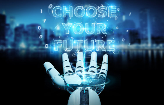 White cyborg hand using future decision text interface 3D rendering