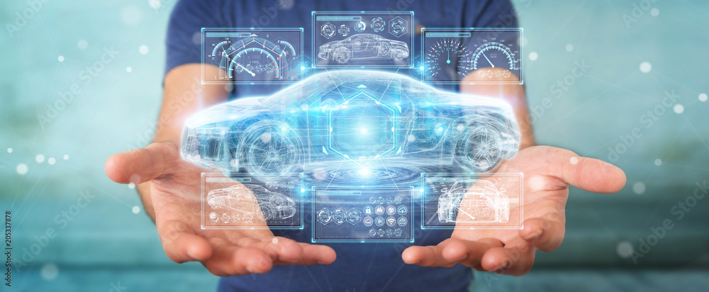 Poster businessman using modern smart car interface 3d rendering