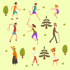 Fototapeta na wymiar People walking and training in the park set, fitness and healthy lifestyle vector Illustration