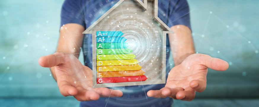 Businessman using 3D rendering energy rating chart in a wooden house
