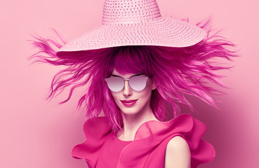 Portrait Beautiful Girl. Pink Fashion Hairstyle
