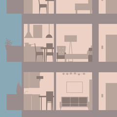 Apartment building in cut. Modern  interior.Vector illustration - obrazy, fototapety, plakaty