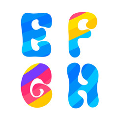 Psychedelic font with colorful pattern. Vintage hippie E F G H latin letters on white