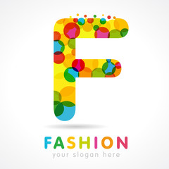 Letter F colored logotype. Isolated colour emblem. Stained glass colores modern template. Clouds and bubbles with multicolored bunch. Soft shape branding sign. Creative mosaic texture, trendy label.