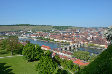 Aerial view on Wuerzburg with the "alte Mainbruecke" and the Marien chapel on a sunny day