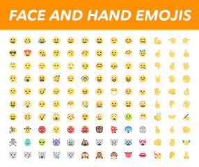 All basic face and hand emojis, emoticons, emotions flat vector illustration symbols. Hands, faces, feelings, situations, shy, embarrassed, smile, mood, joke, lol, laugh, cry, happy, smileys icons set