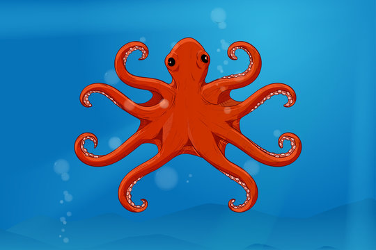 Red octopus in blue water. Hand drawn sketch