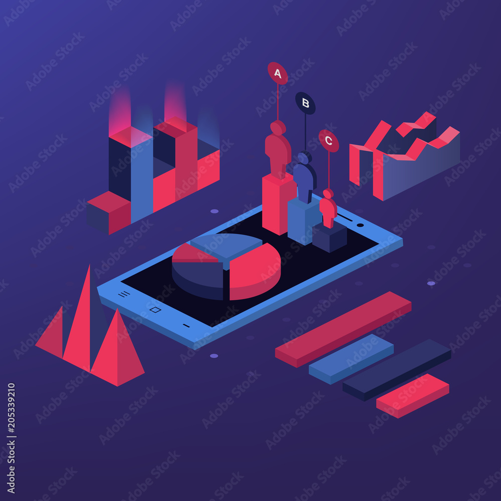 Poster mobile report analysis tool app flat 3d isometry isometric business concept web illustration. busine