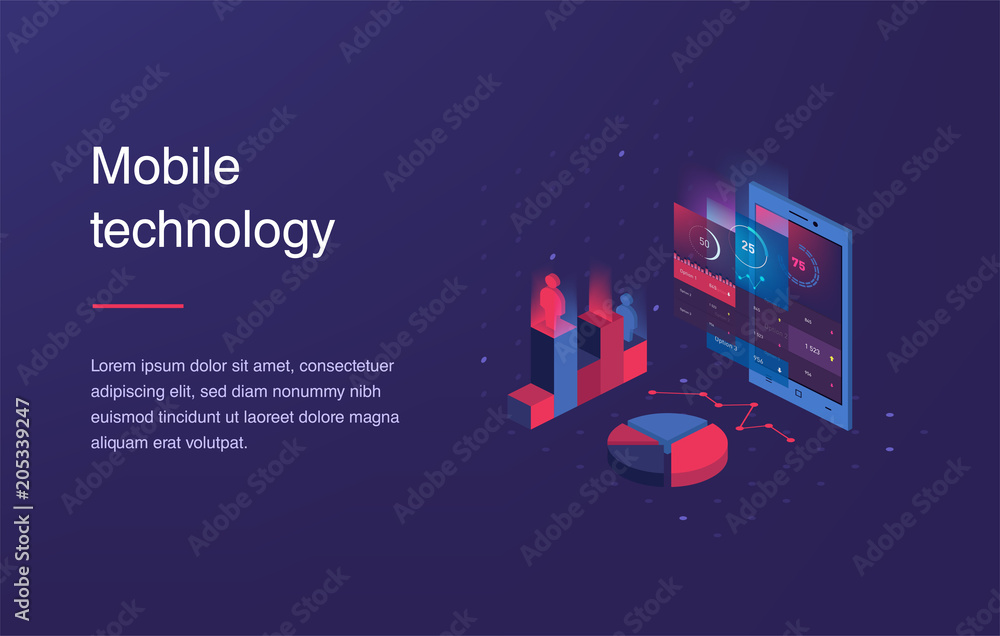 Poster isometric mobile phone. smart and simple web interface with different apps and icons. 3d . web banne