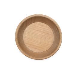 Wooden bowl plate isolated on white background. Top view photo.