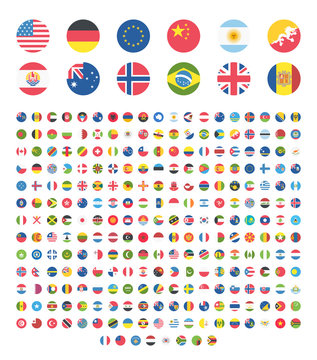 All countries world rounded circle flat design flags, symbols, emoticons, icons. Emoji flag buttons, screen, display, website flag collection, set, stickers.
