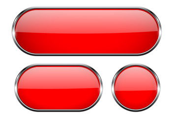 Red glass buttons with chrome frame. 3d icons