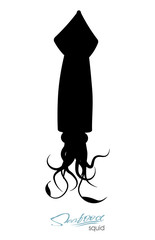 Squid fish silhouette. Icon squid with tentacles isolated on white background. Creature floating in water. Inhabitant wildlife of underwater world. Edible sea food. Vector illustration