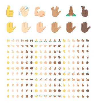 All type of hand emojis, stickers in all skin colors, emoticons flat vector illustration symbols set, collection. Hands, handshakes, muscle, finger, fist, direction, like, unlike, fingers.