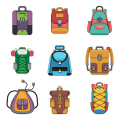 Tourist, city and school backpack flat icon. Objects isolated on white background