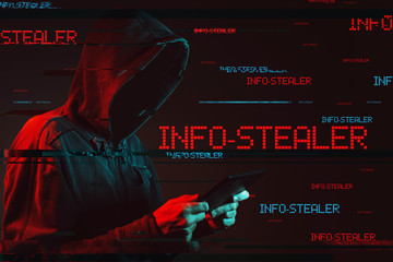  Info stealer concept with faceless hooded male person