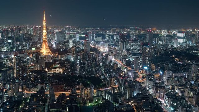 4K Timelapse Sequence of Tokyo, Japan - Tokyo's skyline from at night from the Mori Museum