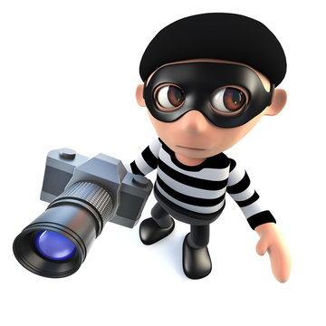 3d Funny cartoon burglar thief character stealing a camera