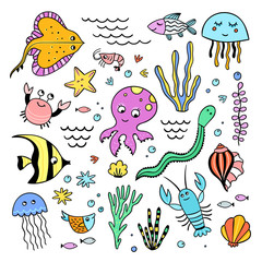 Underwater sea creatures illustrations. Funny fishes and sea animals hand drawn set