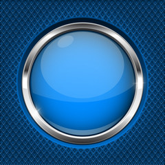 Blue button with chrome frame. Round glass shiny 3d icon on blue perforated background