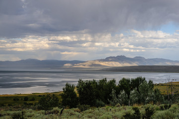 Threatening skies over mono lake, California, as an early evening thunderstorm is rolling in. Image from an early August late afternoon, near Lee Vining, California.