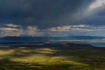 Storm clouds emmassing over Mono Lake in the Sierra Nevadas, near the Town of Lee Vining, on an...