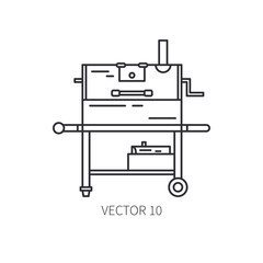 Retro furniture, compact bbq grill and smokehouse vector line icon. Summer travel vacation, tourism, camping equipment. Backyard classic lunch. Outdoor family picnic sign and symbol. Hiking. Lifestyle