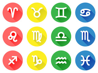 Zodiac horoscope sign symbol flat icon with long shadow in circle shape for vector graphic idea design concept