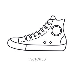 Retro travel shoe sneaker vector line icon. Summer travel vacation, tourism, camping equipment. Teenage 1960s style. Outdoor family picnic sign and symbol. Nature trip. Hiking. Lifestyle grunge design